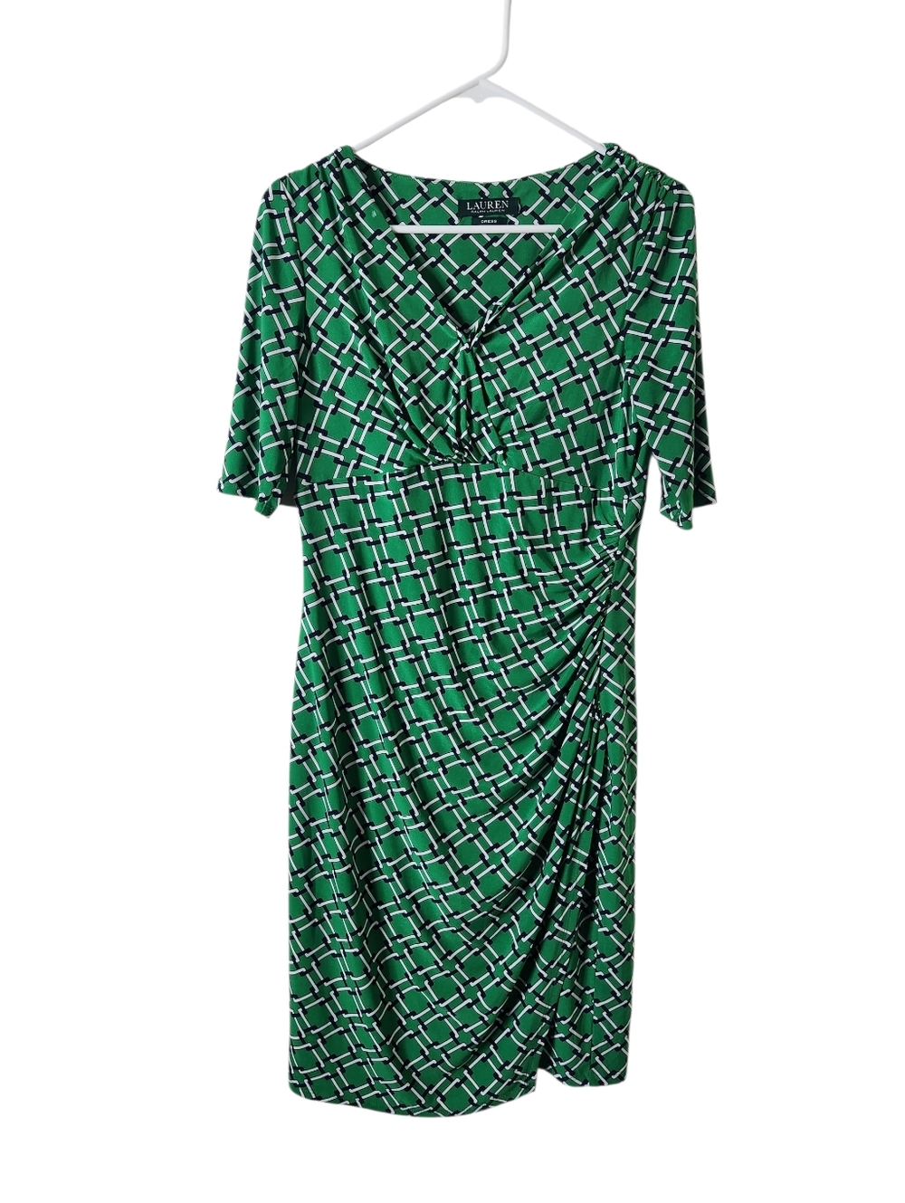 Lauren Ralph Lauren Green Geometric Print Faux Wrap Dress